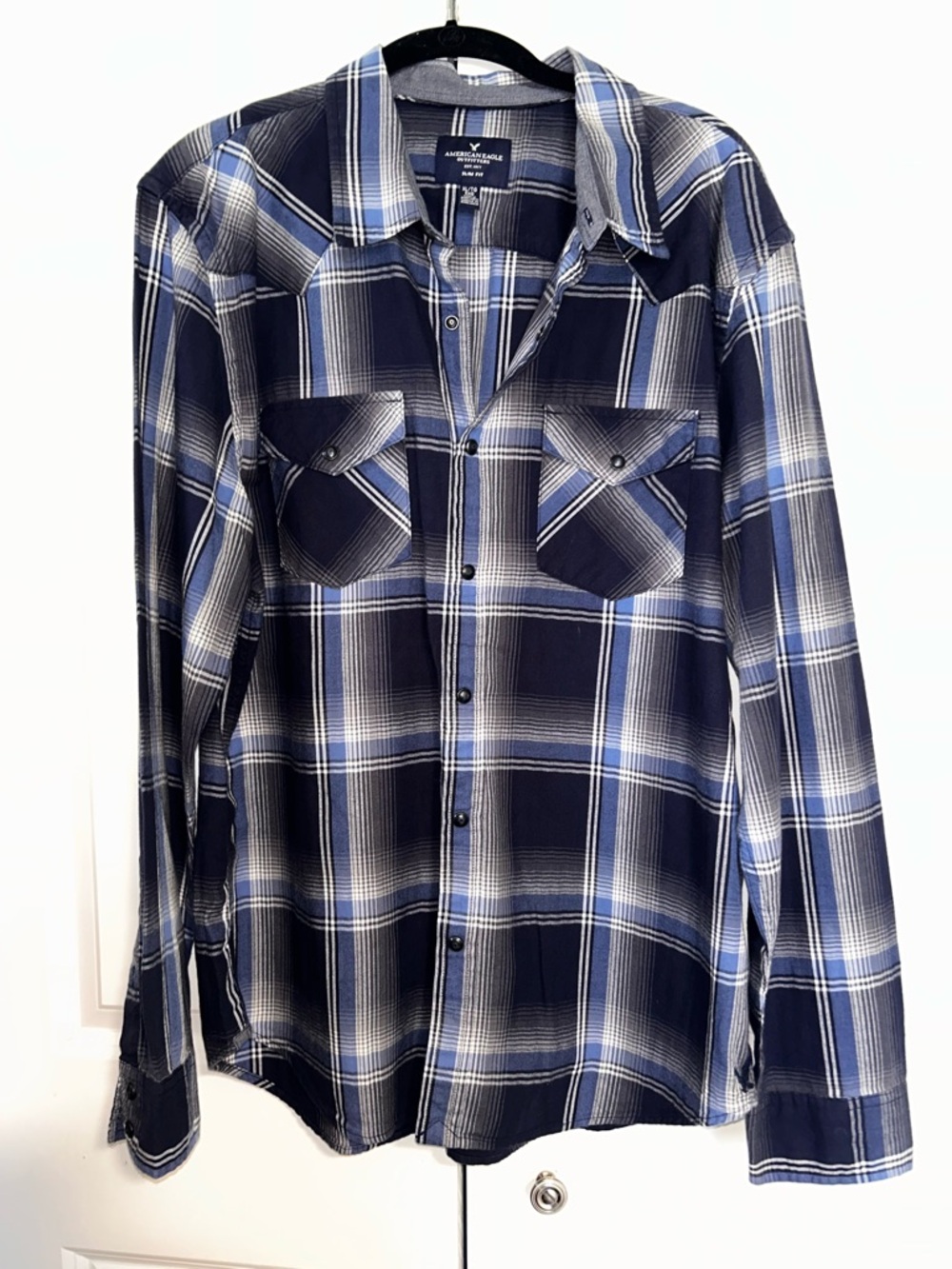 American Eagle Outfitters Navy and White Plaid Button-Down Shirt